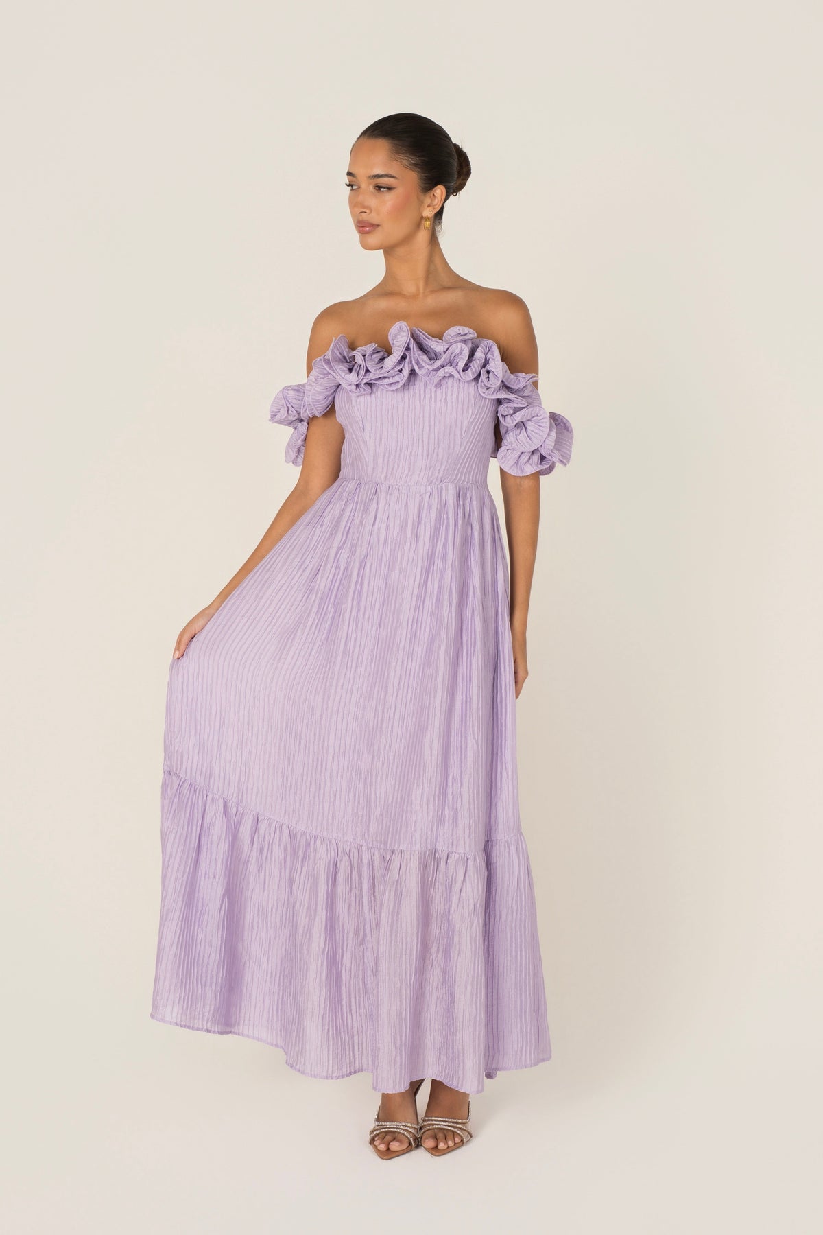 Rhea Off-Shoulder Ruffle Trim Maxi Dress
