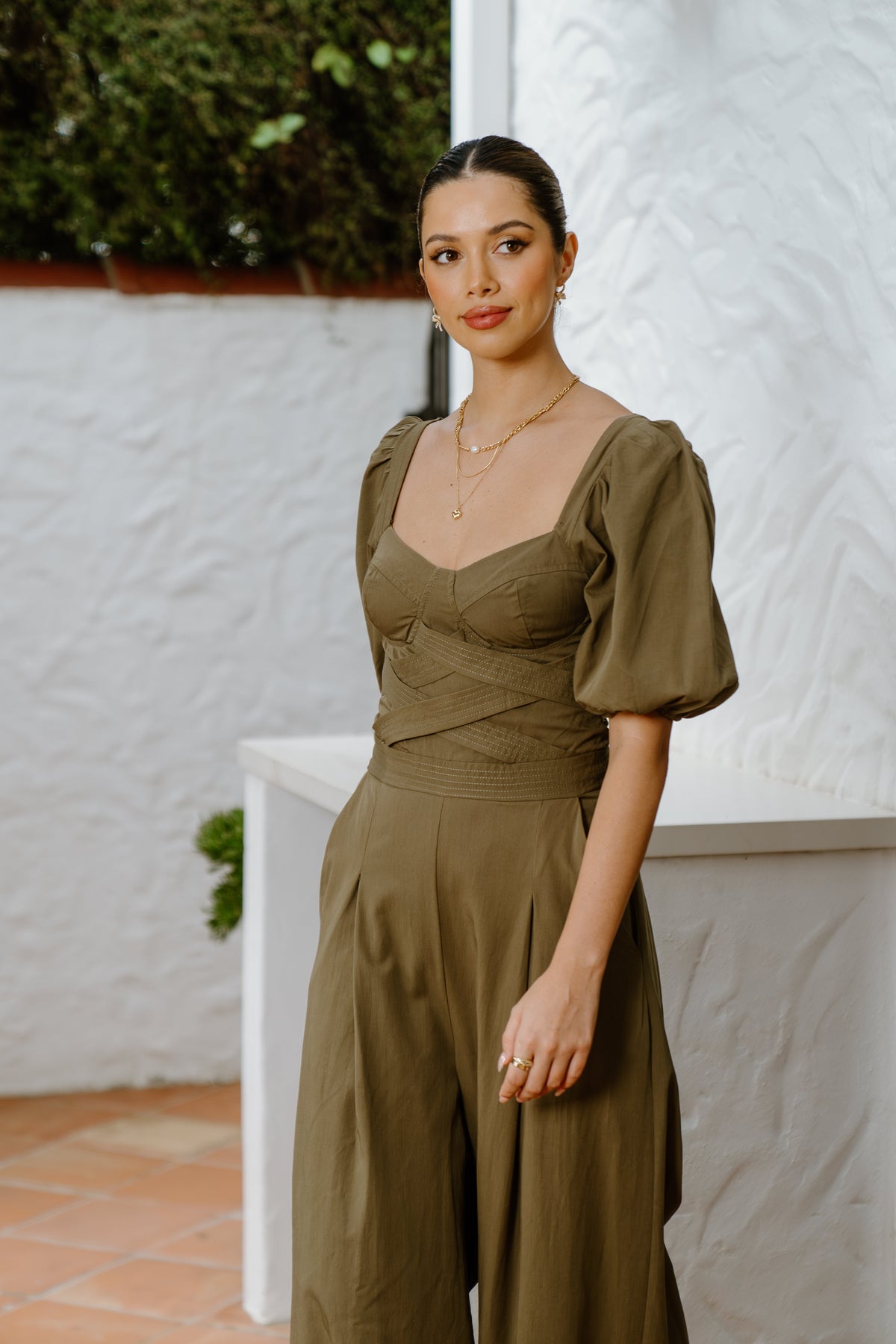 Solana Khaki Puff Sleeve Jumpsuit