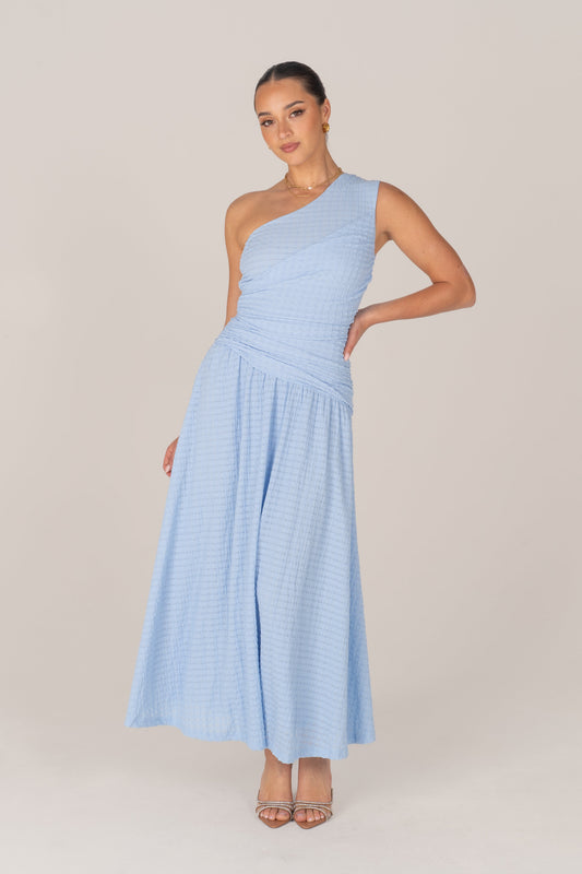 Tahlia One-Shoulder Blue Gathered Maxi Dress
