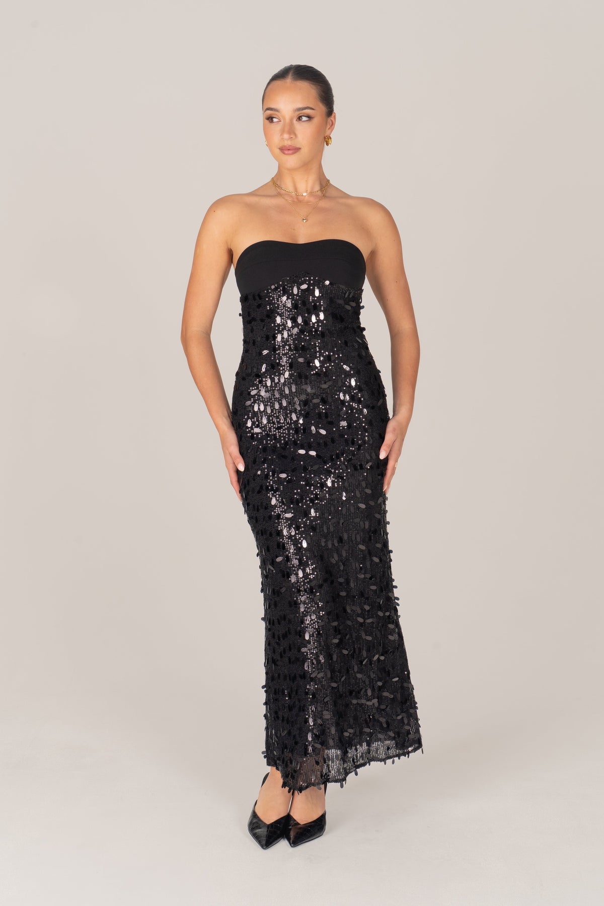 Valencia Strapless Black Shimmering Sequin Dress