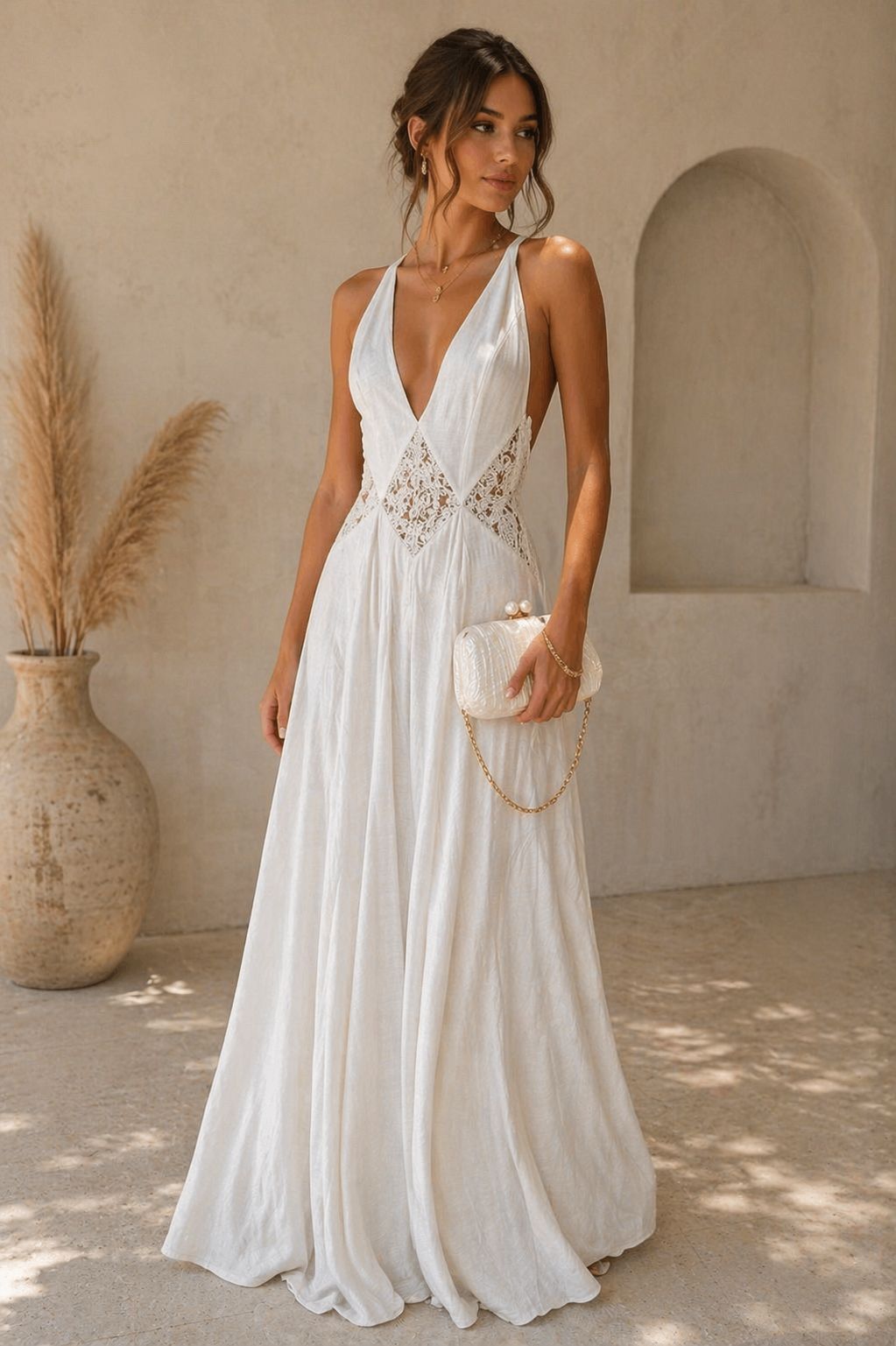 Ethereal Lace Low-Back Maxi Dress - White