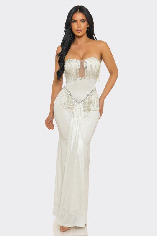 Golden Fringe Siren Maxi Gown - White