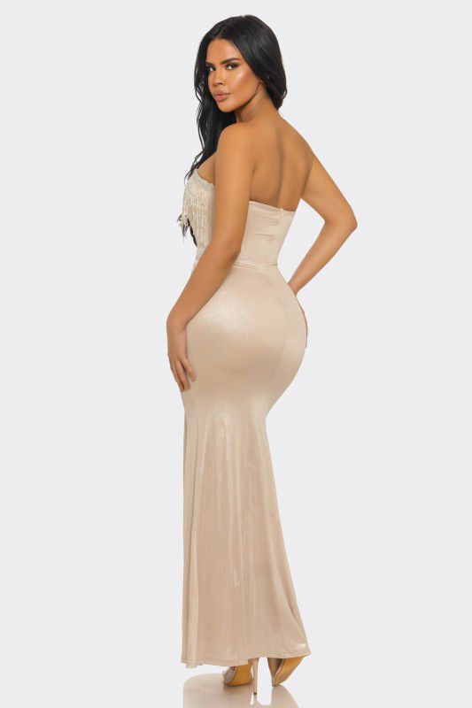 Golden Fringe Siren Maxi Gown - Champagne