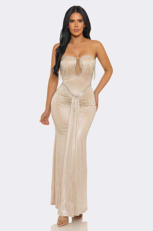 Golden Fringe Siren Maxi Gown - Champagne