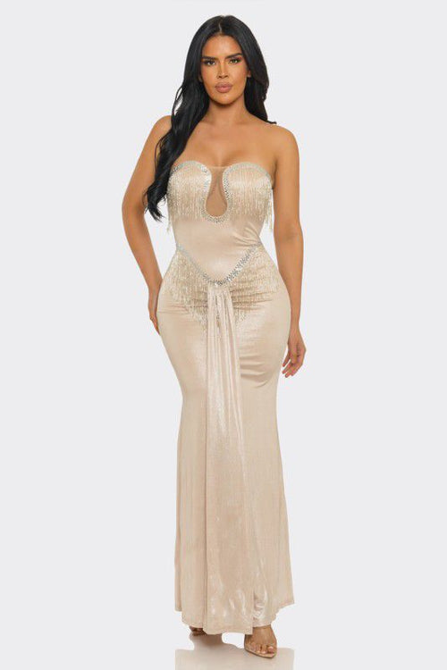 Golden Fringe Siren Maxi Gown - Champagne