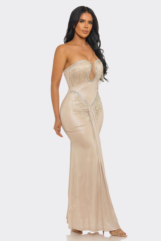 Golden Fringe Siren Maxi Gown - Champagne