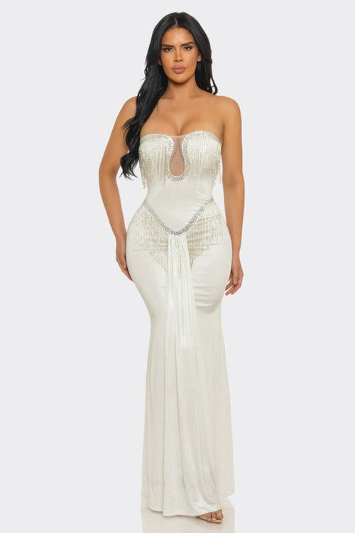 Golden Fringe Siren Maxi Gown - White