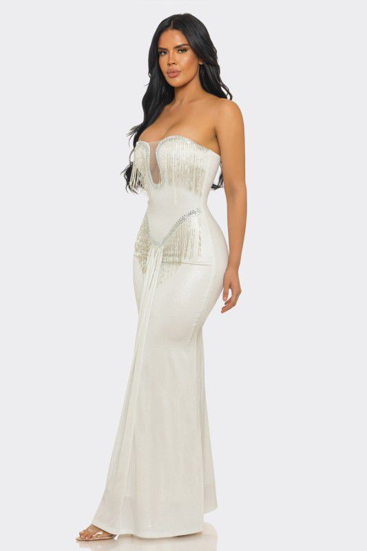 Golden Fringe Siren Maxi Gown - White