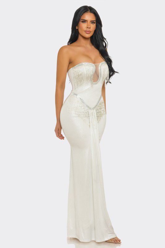 Golden Fringe Siren Maxi Gown - White