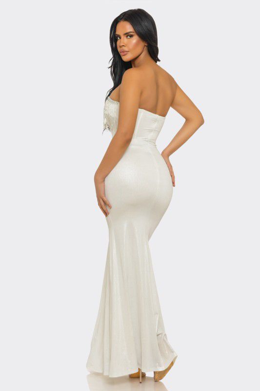 Golden Fringe Siren Maxi Gown - White