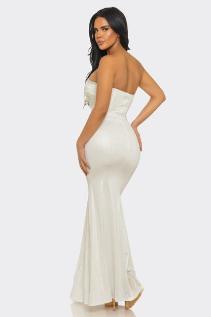Golden Fringe Siren Maxi Gown - White