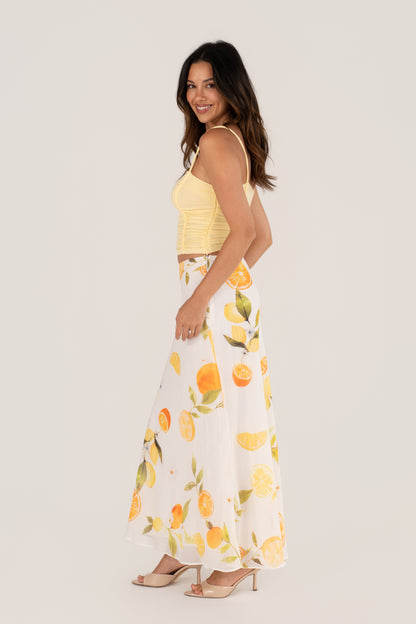 Wren Yellow Ruched Top & Lemon Print Maxi Skirt Set