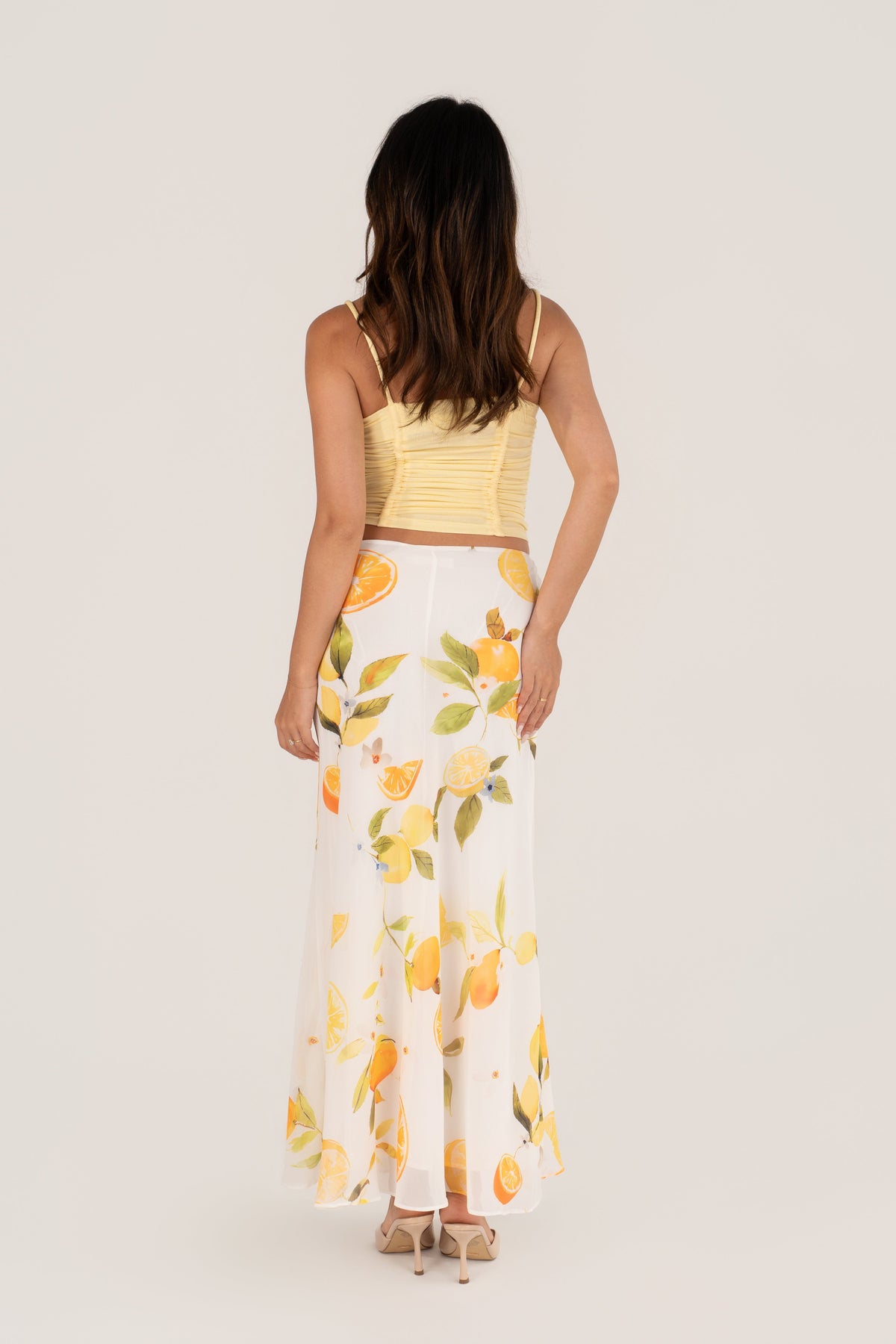 Wren Yellow Ruched Top & Lemon Print Maxi Skirt Set