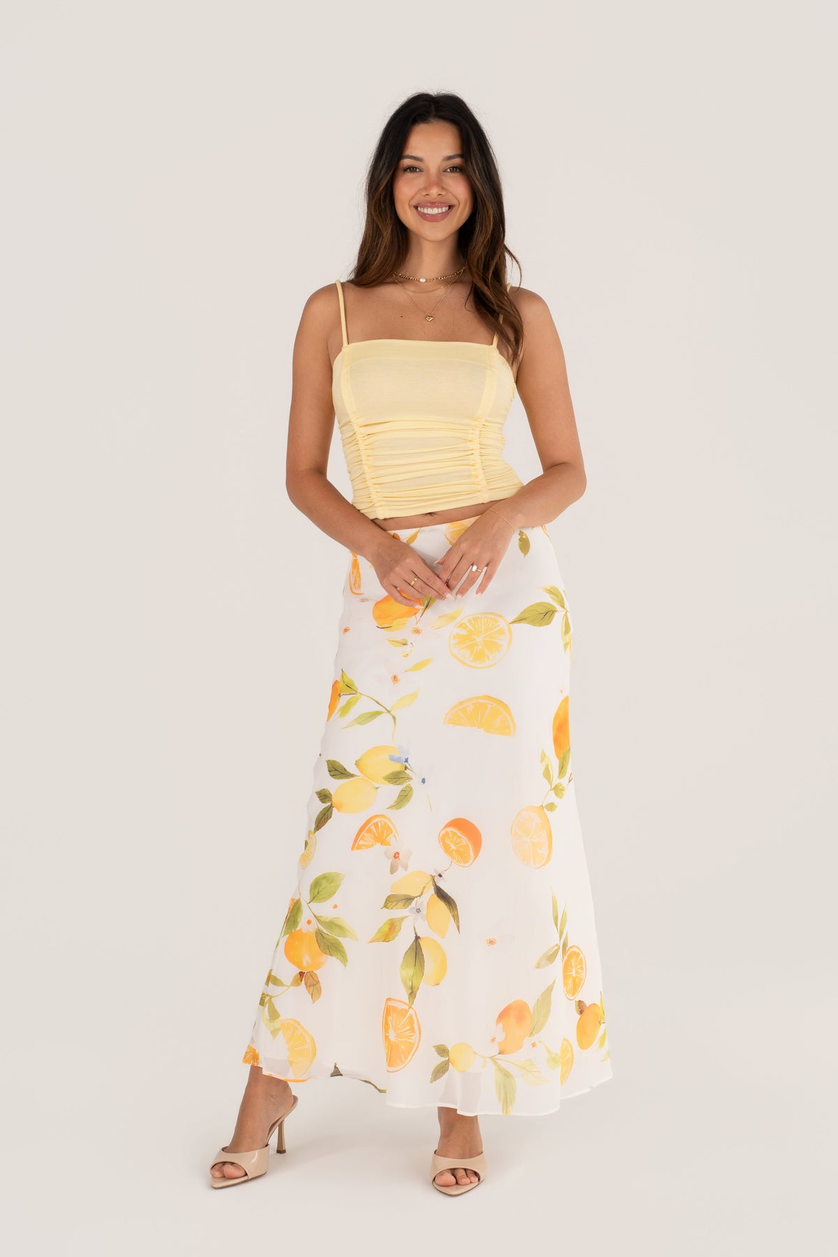 Wren Yellow Ruched Top & Lemon Print Maxi Skirt Set