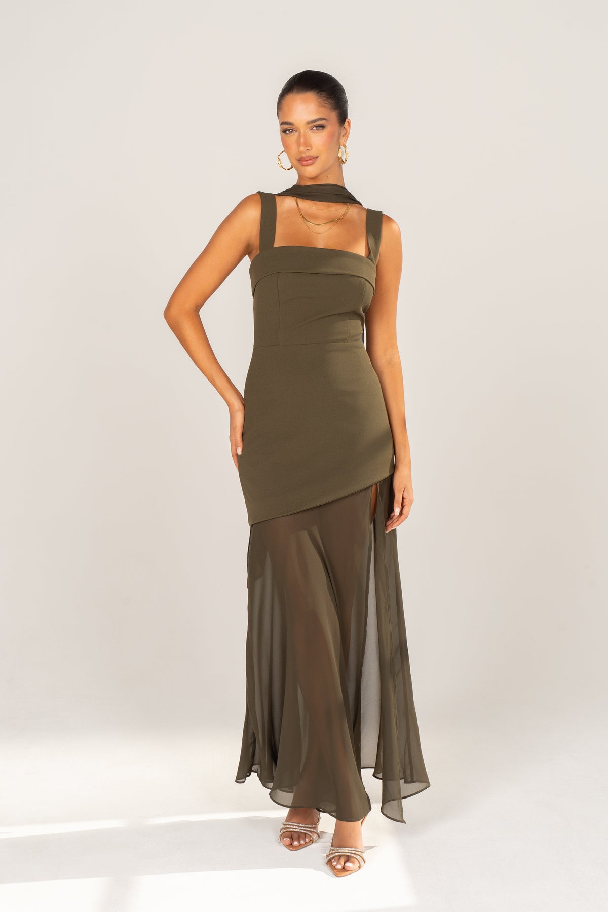 Yelena Olive Asymmetric Maxi Dress with Detachable Neck Piece