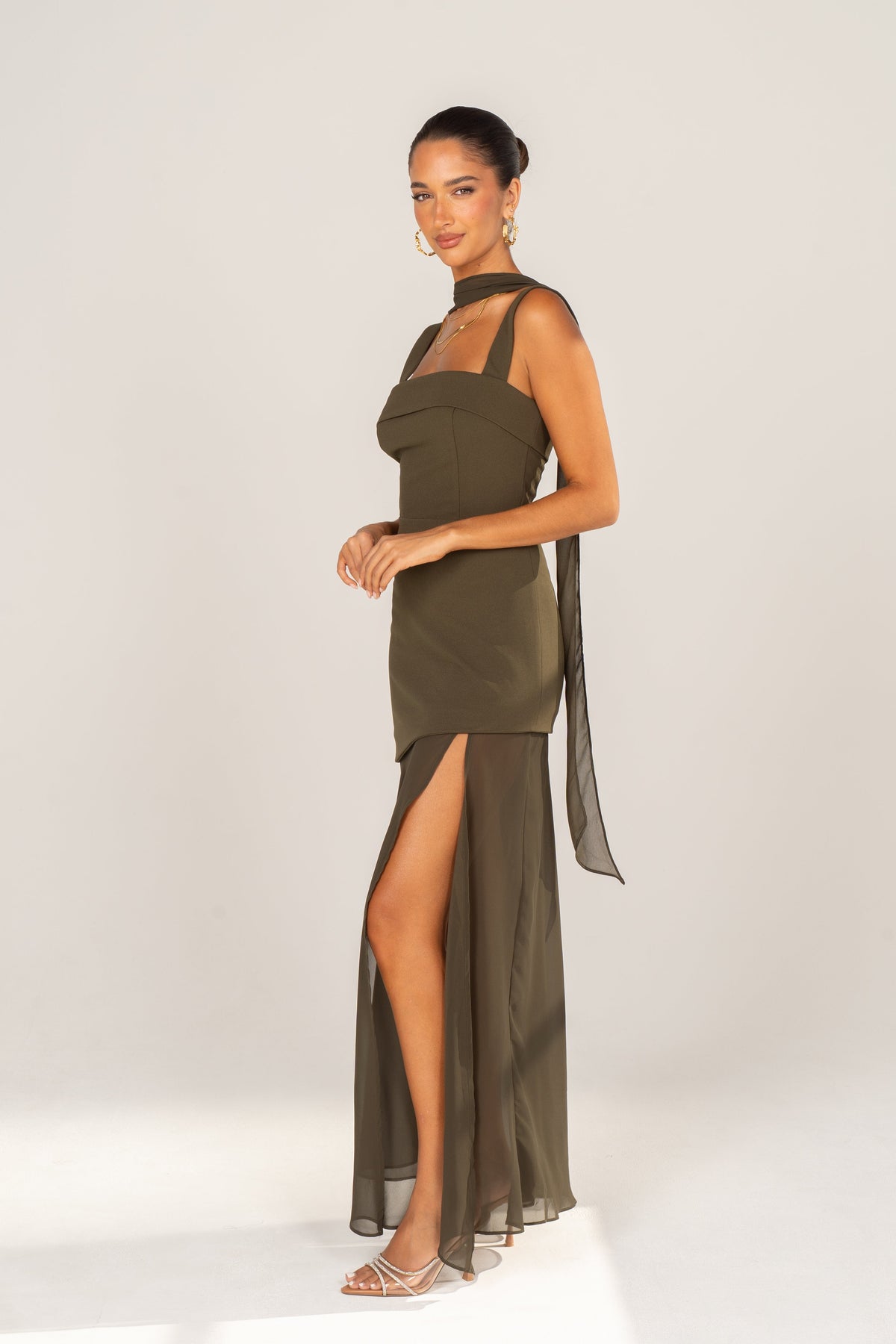 Yelena Olive Asymmetric Maxi Dress with Detachable Neck Piece