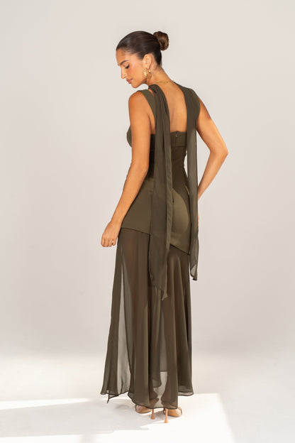 Yelena Olive Asymmetric Maxi Dress with Detachable Neck Piece