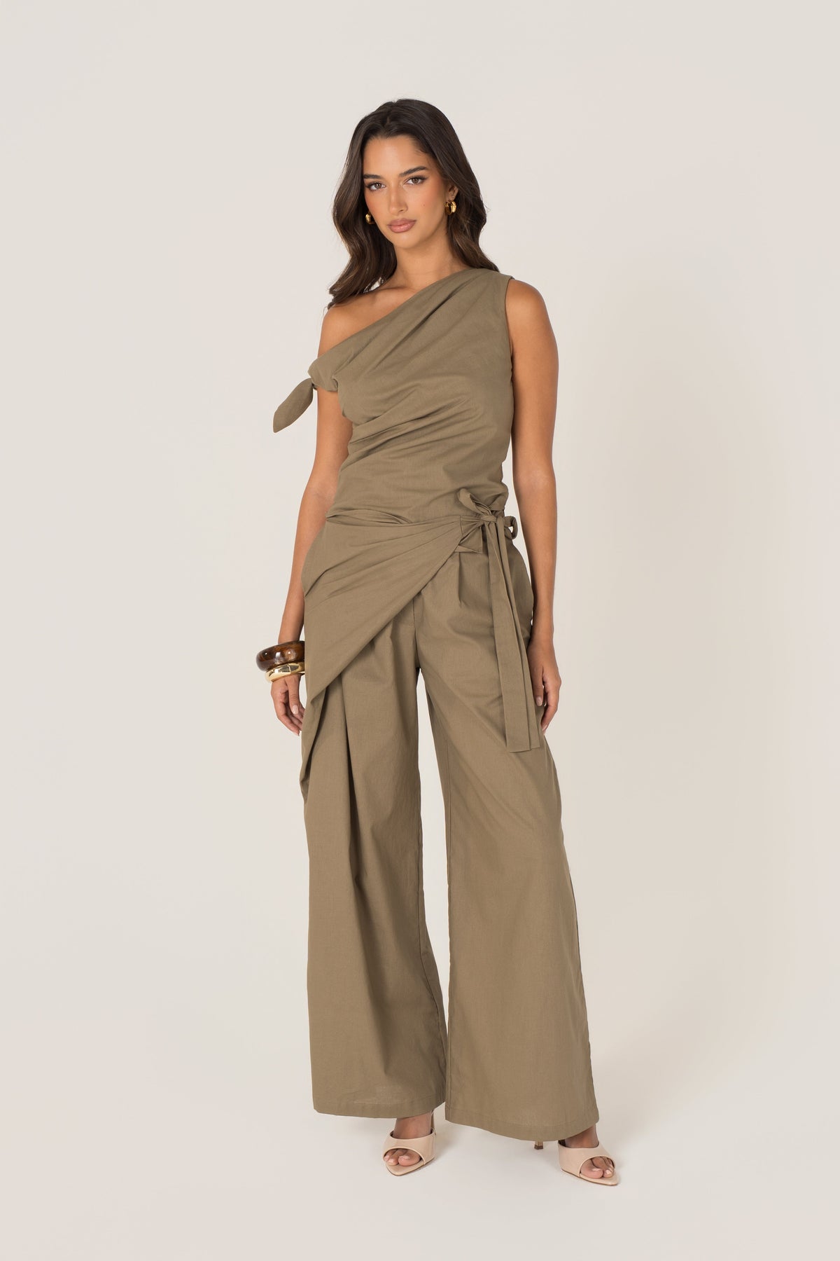 Yvanna Khaki Drop Shoulder Top & Wrap Pants Set