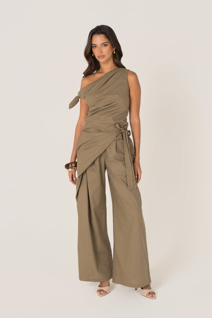 Yvanna Khaki Drop Shoulder Top & Wrap Pants Set