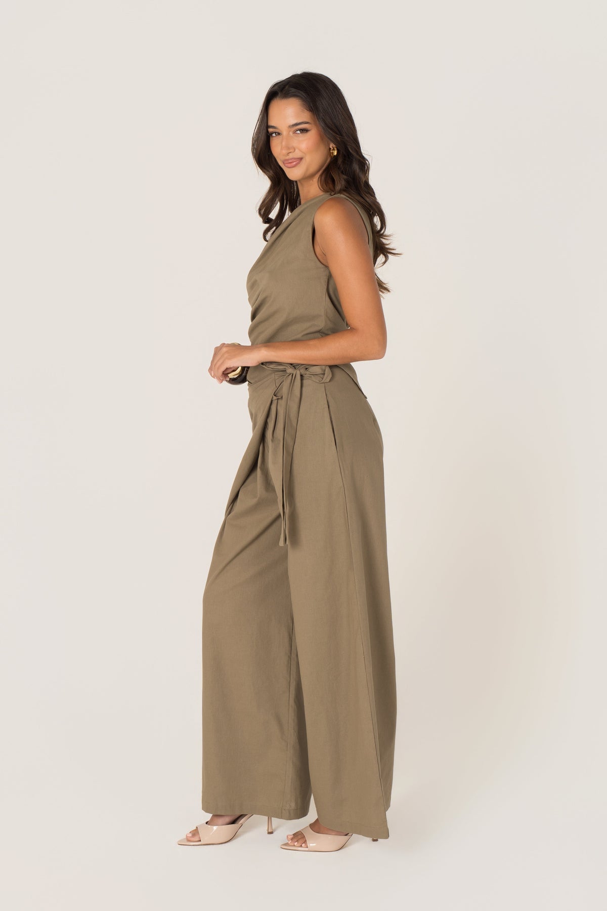 Yvanna Khaki Drop Shoulder Top & Wrap Pants Set