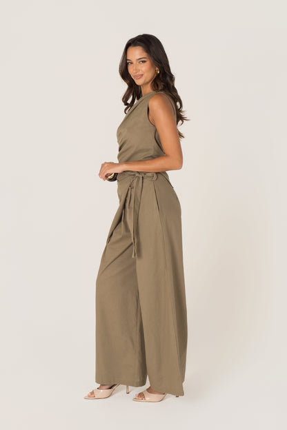 Yvanna Khaki Drop Shoulder Top & Wrap Pants Set