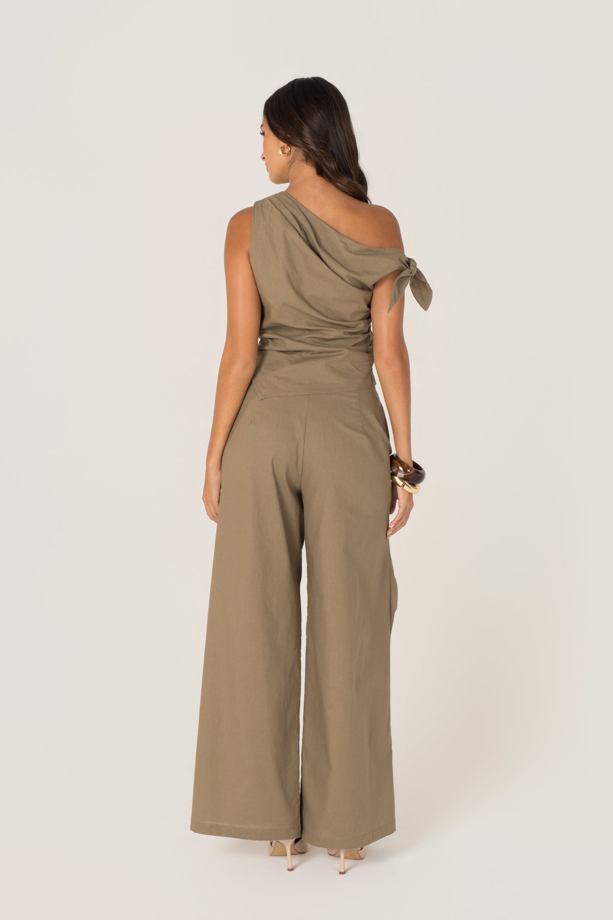 Yvanna Khaki Drop Shoulder Top & Wrap Pants Set