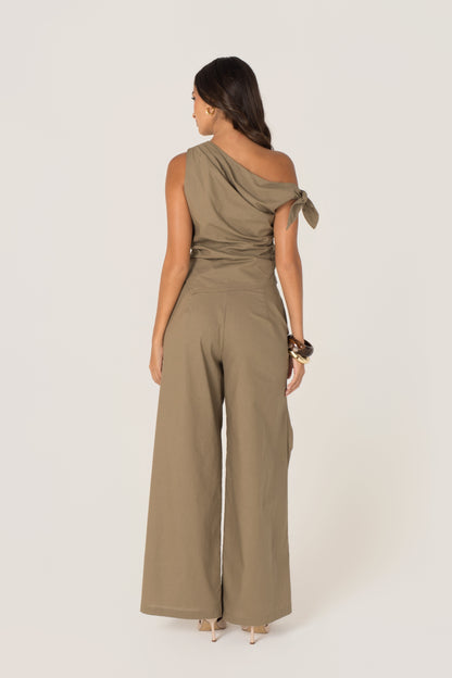 Yvanna Khaki Drop Shoulder Top & Wrap Pants Set