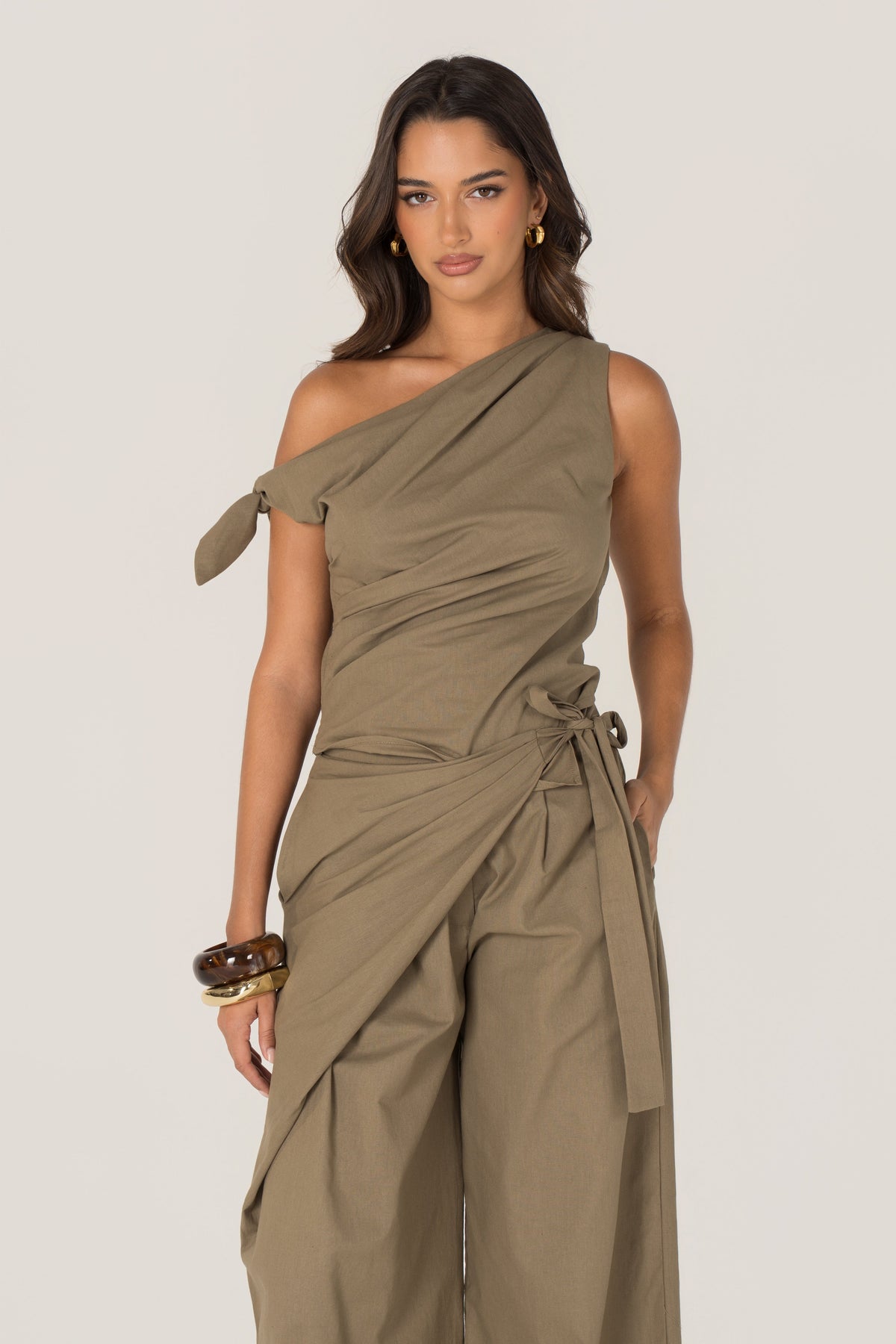 Yvanna Khaki Drop Shoulder Top & Wrap Pants Set