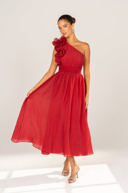 Zara One-Shoulder Ruffle Midi Dress