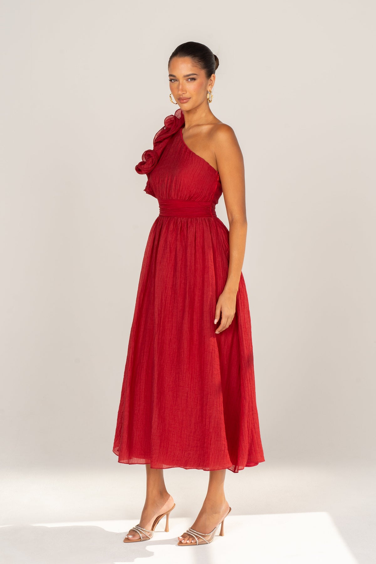 Zara One-Shoulder Ruffle Midi Dress