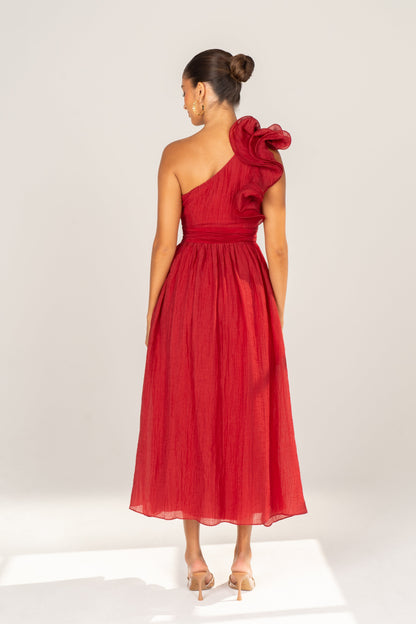 Zara One-Shoulder Ruffle Midi Dress