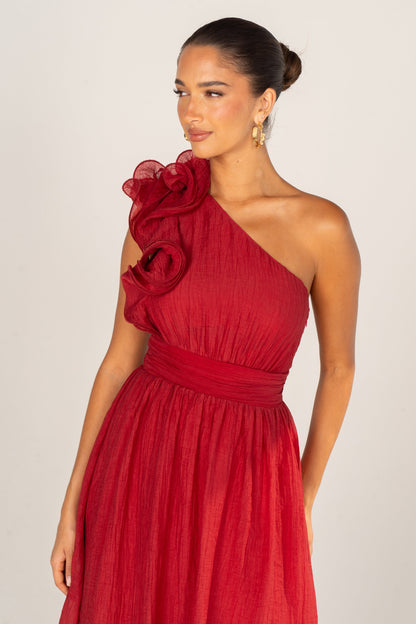 Zara One-Shoulder Ruffle Midi Dress