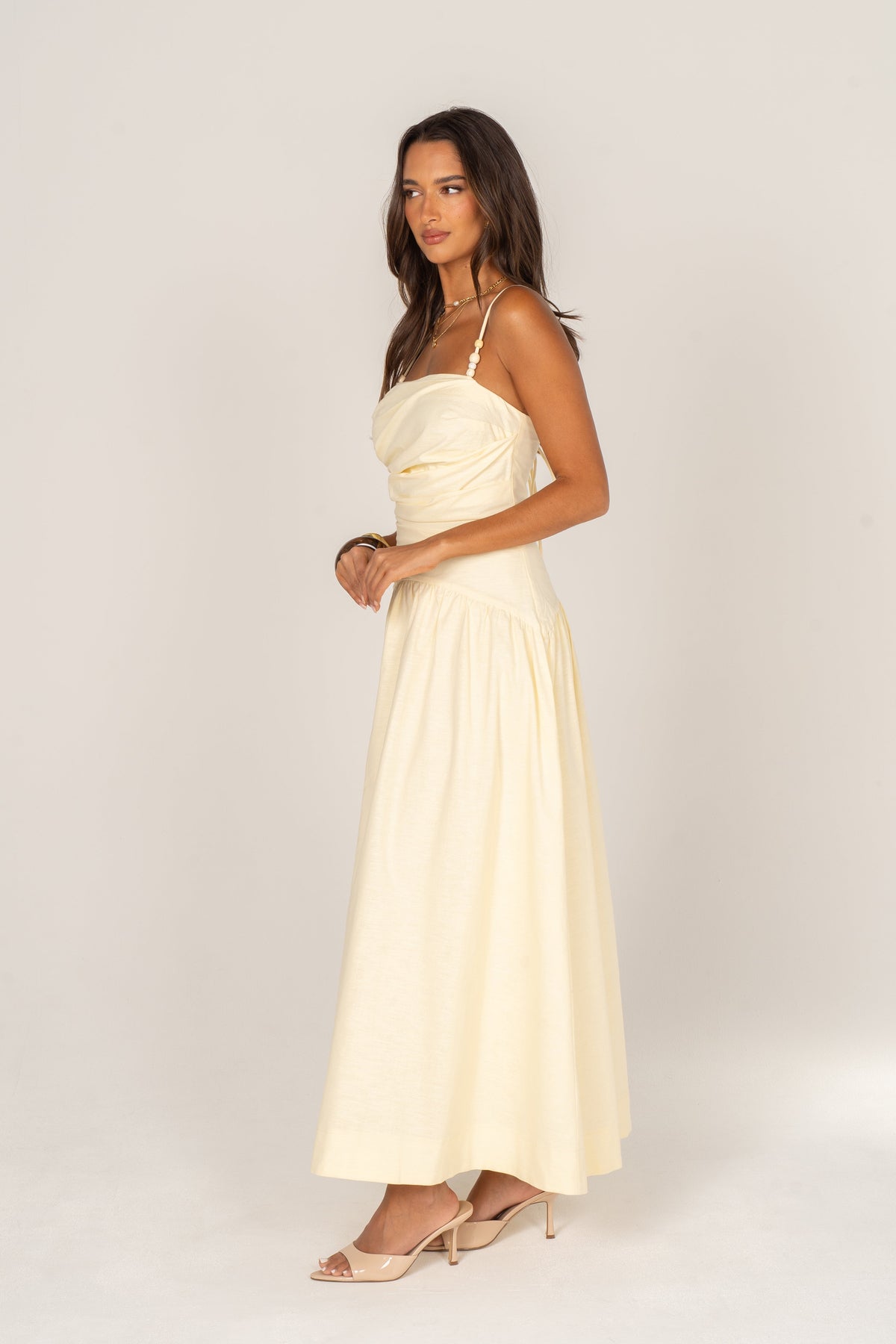 Zelia Soft Yellow Maxi Dress with Beaded Straps