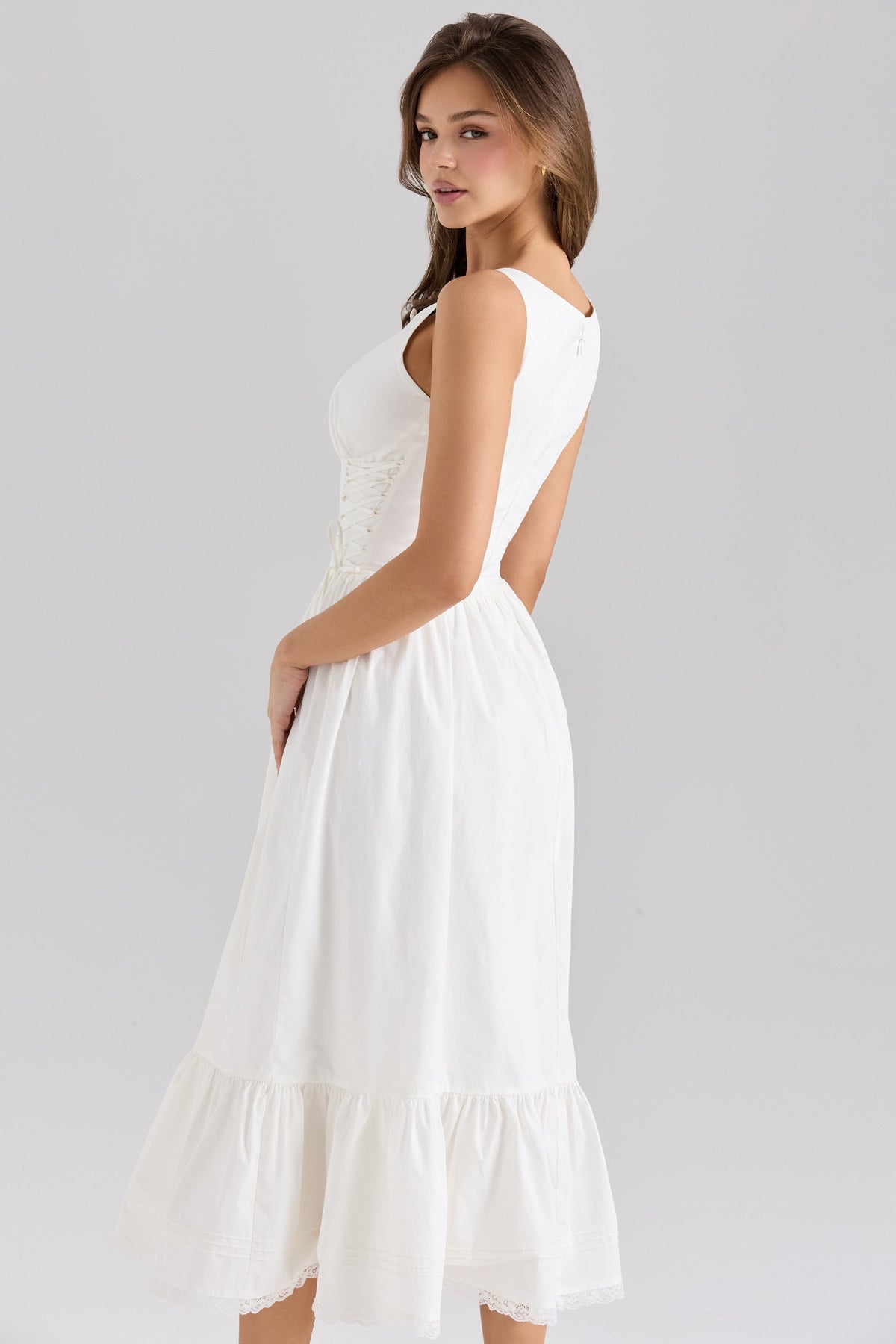 white stretch cotton lace up midi dress