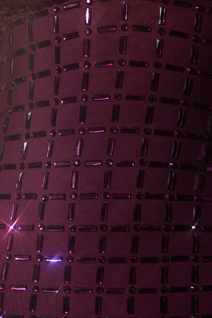 Embellished Plunge Semi-Sheer Mini Dress in Deep Purple