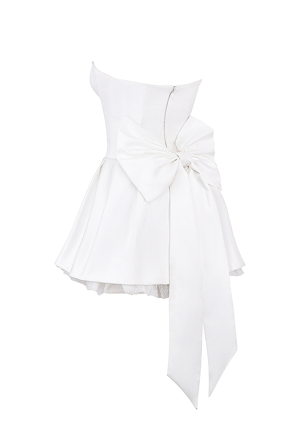 white satin strapless bow mini gown