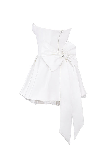 white satin strapless bow mini gown