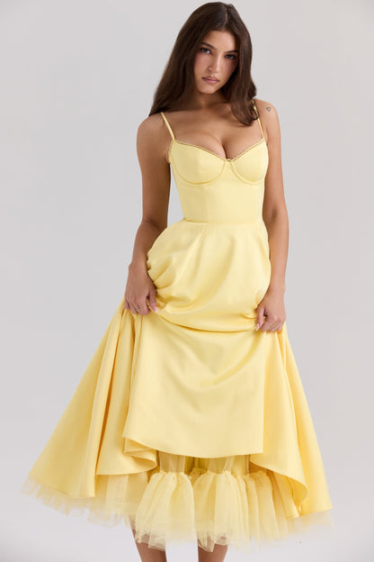 sunshine yellow satin tulle midi dress