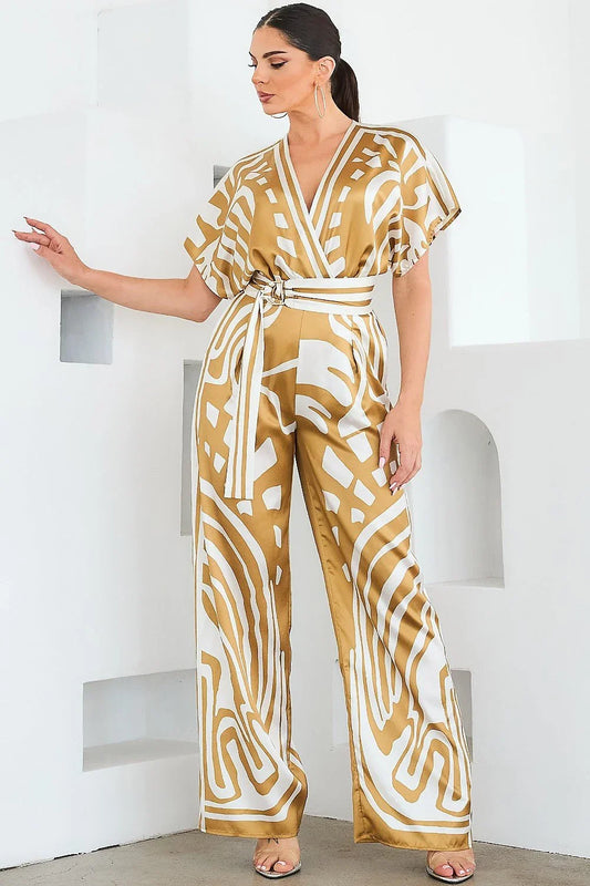 Abstract Glamour Satin Jumpsuit Camel