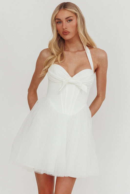 Princessa Sweetheart Neckline Halter Mini Dress White