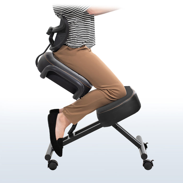 Height adjustable comfortable kneeling chair with locking caster wheels.