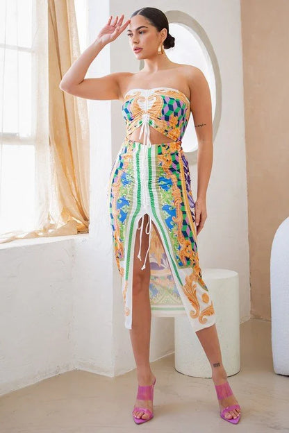 Adjustable Ruching Green Ruched Skirt Set with Midi Length