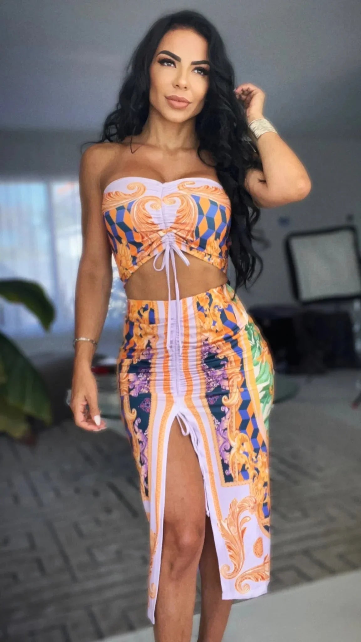 Adjustable Ruching Purple Ruched Skirt Set with Midi Length
