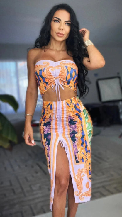 Adjustable Ruching Purple Ruched Skirt Set with Midi Length