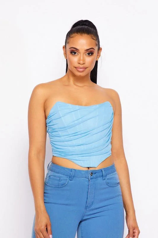 Alondra Sky Blue Corset Top with Mesh Double Layer