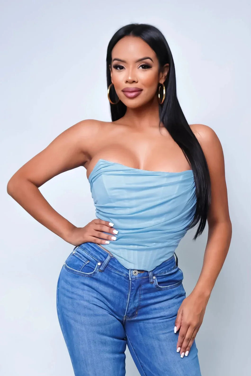 Alondra Sky Blue Corset Top with Mesh Double Layer