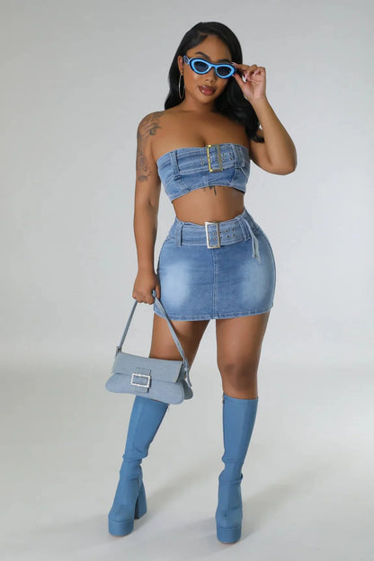 Attention Over Here Denim Skirt Set – Chic Two-Piece Outfit