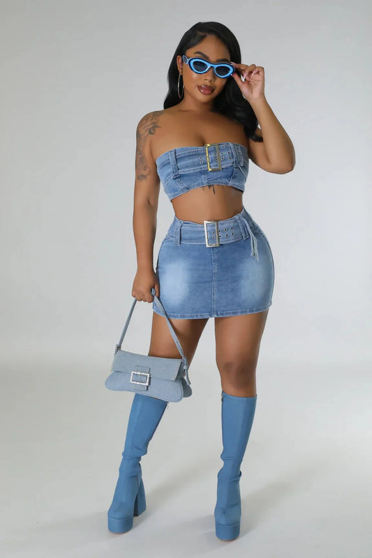 Attention Over Here Denim Skirt Set – Chic Two-Piece Outfit