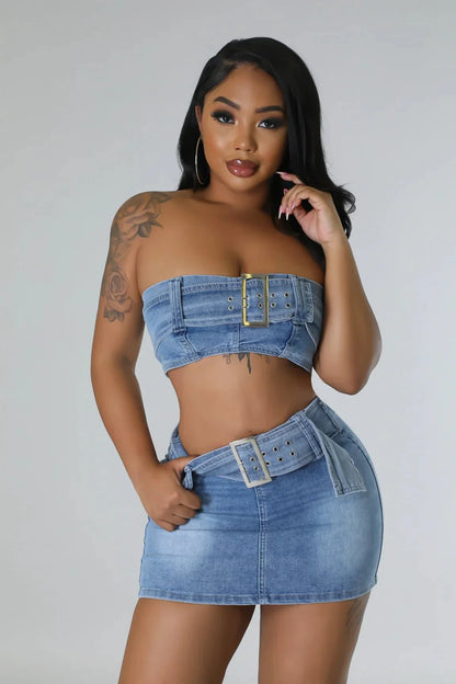Attention Over Here Denim Skirt Set – Chic Two-Piece Outfit