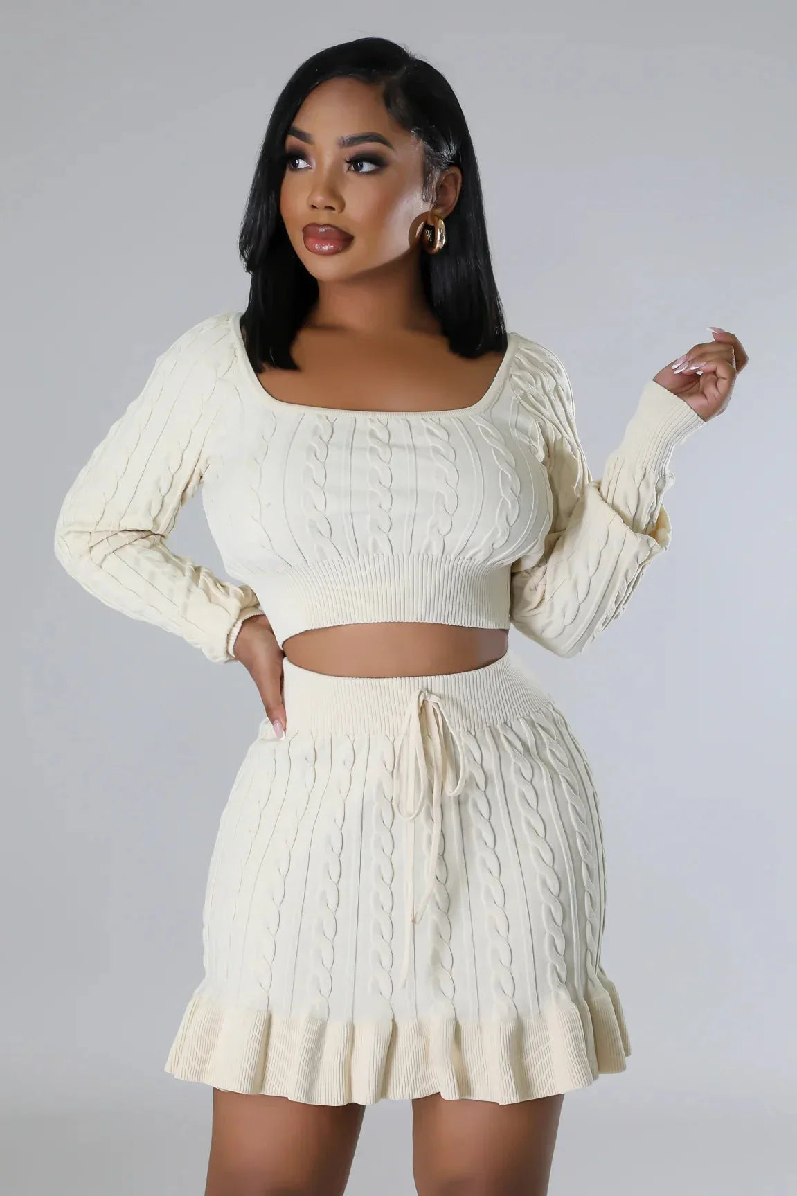 Attract Me Knitted Skirt Set with Ruched High Waist
